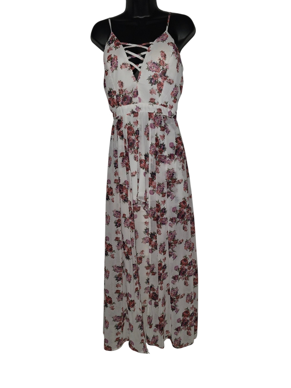 Midnight Doll Floral Lace-Up Maxi Dress with Pink Bouquet Print